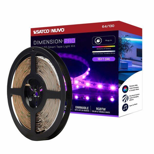 Nuvo Dimension Pro Tape Light Strip - 16 ft. RGB + Tunable White - Plug - Starfish IOT - IR Remote 64/130